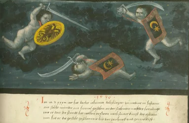 Augsburger Wunderzeichenbuch - Folio 134 Heavenly Battle of Three Children 1536
